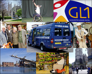 Gloucester cathedral Wheelchair tennis player GL1 sports centre Shoppers Gloucester Dial-a-Ride minibus  Younger wheelchair user Gloucester docks Shopper Gloucester Cross
