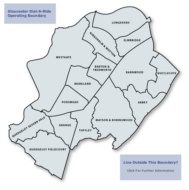 Map of Gloucester Dial-a-Ride operating boundary.  It covers all the wards in Gloucester City.